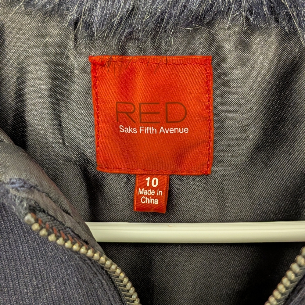 Red Saks Fifth Avenue Faux Fur Hooded Jacket Navy Blue Glam Winter Coat Size 10 - Picture 2 of 5